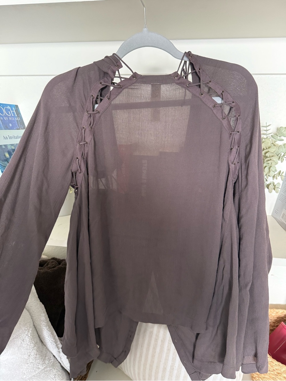 Free People Sheer Lace-Up Cocoa Button Front Blouse - Picture 3 of 5